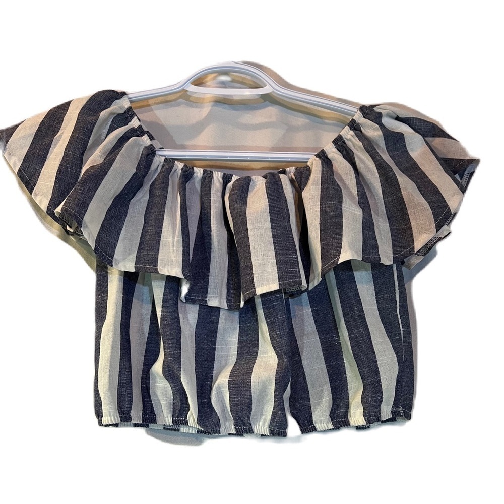 Zaful Ruffle Crop Top, Blue & White Stripes, Size Small #418
